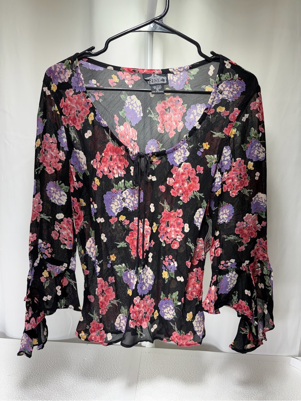 Angie Black Floral Tie-Front Sheer Blouse 4433